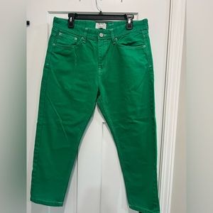 Bershka Man Slim fit Tapered Green Jeans with white Stitching
